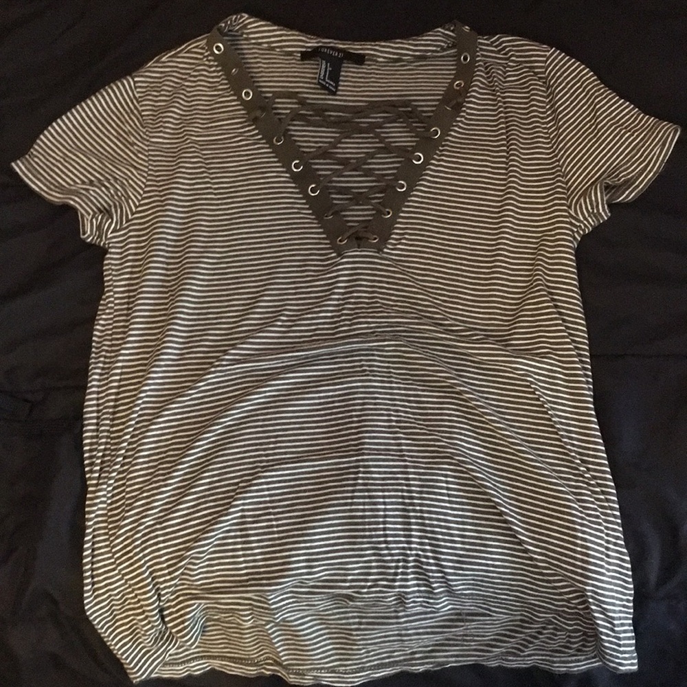 Green and white stripped top.
